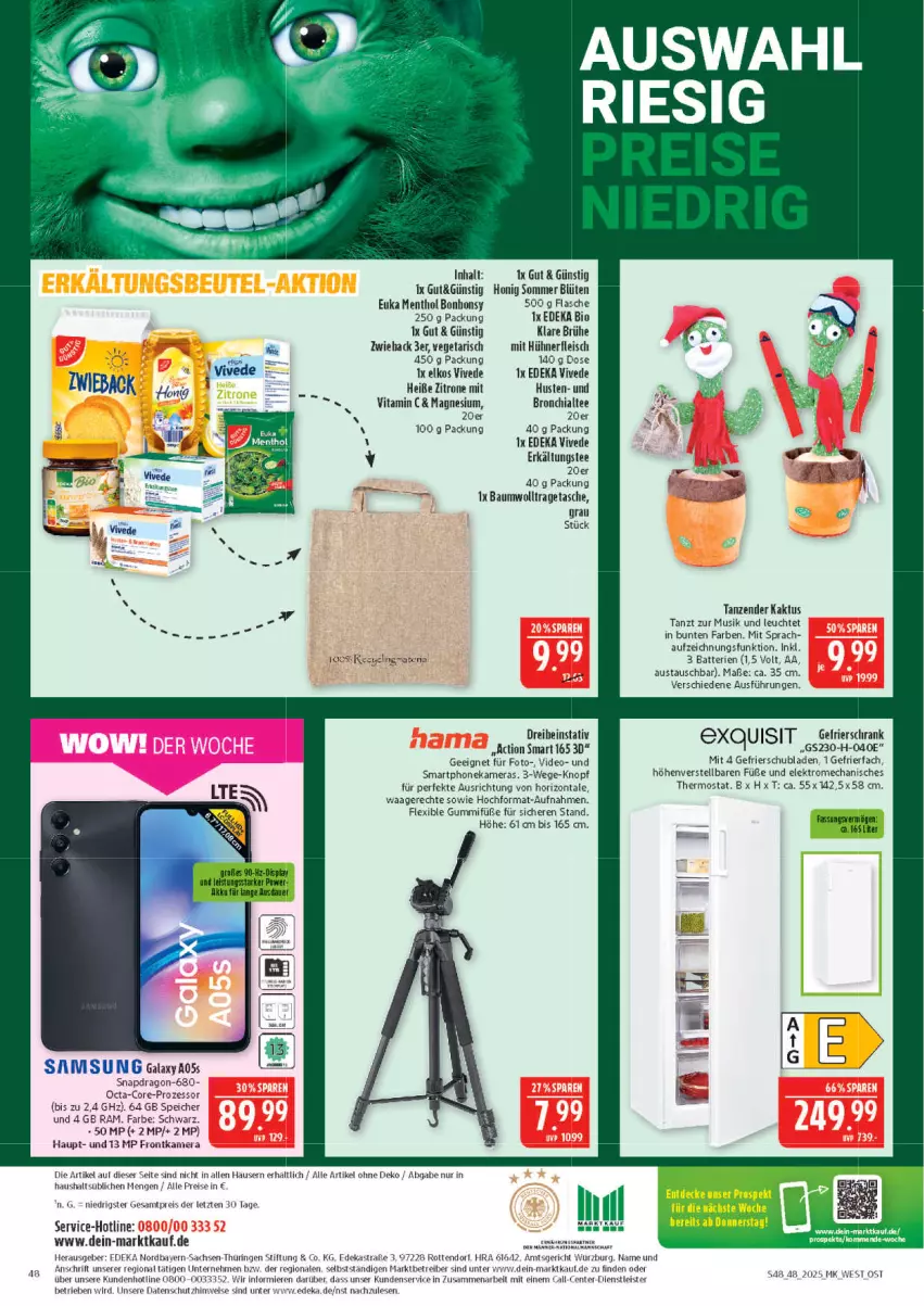 Aktueller Prospekt Marktkauf - Prospekt - von 23.11 bis 29.11.2025 - strona 48 - produkty: Astra, aust, batterie, batterien, Bau, bio, Blüte, Brühe, chia, deka, deo, edeka bio, eis, Elektro, elkos, ente, Erkältungs, fleisch, frontkamera, gefrierfach, gefrierschrank, honig, hühner, kamera, Kameras, Leuchte, magnesium, nerf, reis, ring, sac, Samsung, Schrank, schubladen, smartphone, Tasche, tee, thermostat, Ti, tragetasche, Vegeta, vita, Vitamin C, Waage, zitrone, ZTE