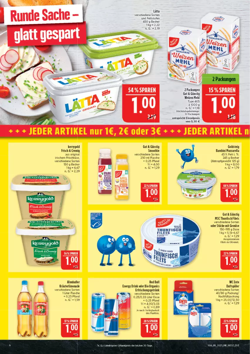 Aktueller Prospekt Marktkauf - Prospekt - von 23.11 bis 29.11.2025 - strona 6 - produkty: almdudler, Becher, bio, drink, eis, energy drink, ente, erfrischungsgetränk, filet, filets, fisch, flasche, frischkäse, getränk, gin, goldsteig, Käse, kerrygold, kräuter, lätta, limo, limonade, mehl, mit gemüse, mozzarella, red bull, reis, rel, smoothie, thunfisch, thunfisch filets, Ti, type 405, wc ente, ZTE