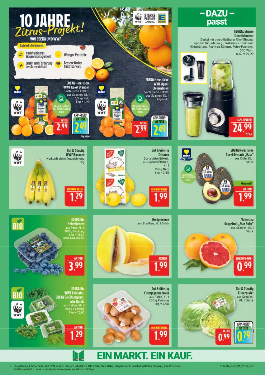 Aktueller Prospekt Marktkauf - Prospekt - von 23.11 bis 29.11.2025 - strona 8 - produkty: avocado, banane, bananen, Behälter, braun, champignon, champignons, champignons braun, decke, Deckel, deka, eis, eisbergsalat, frucht, grapefruit, honig, honigmelone, melone, Mixer, orange, orangen, reis, rwe, salat, smoothie, tee, Ti, valensina, zitrone, zitronen, ZTE