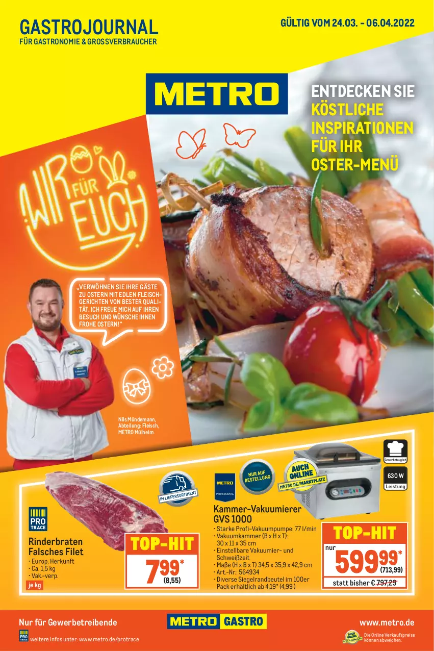 Aktueller Prospekt Metro - GastroJournal - von 24.03 bis 06.04.2022 - strona 1 - produkty: Abtei, beutel, braten, decke, eis, Falsches Filet, filet, fleisch, Metro, Rauch, reis, rind, rinder, rinderbraten, Ti, top-hit, Vakuumierer