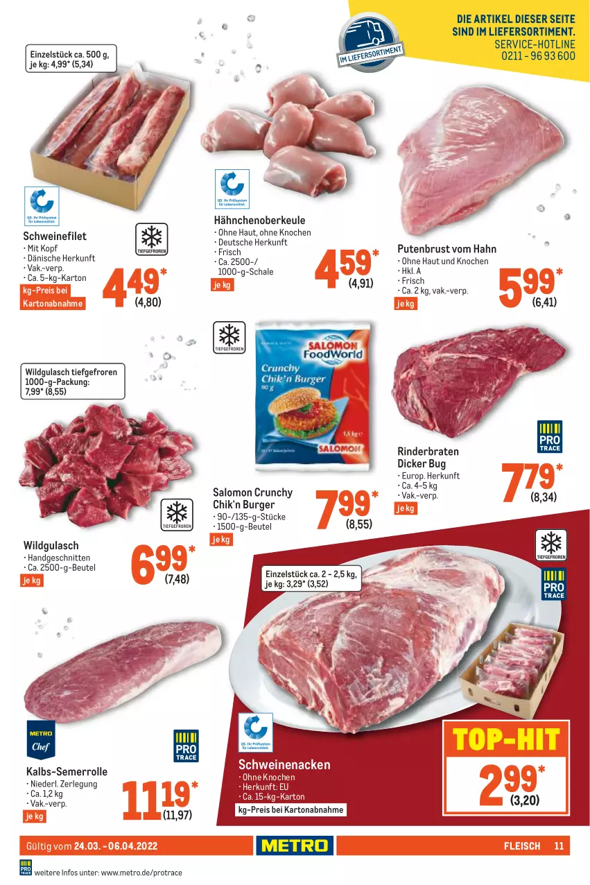 Aktueller Prospekt Metro - GastroJournal - von 24.03 bis 06.04.2022 - strona 11 - produkty: beutel, braten, burger, eis, filet, fleisch, gulasch, Metro, pute, putenbrust, reis, rind, rinder, rinderbraten, salomon, Schal, Schale, schnitten, schwein, schweine, schweinefilet, schweinenacken, Ti, top-hit, wein, weine, Wild