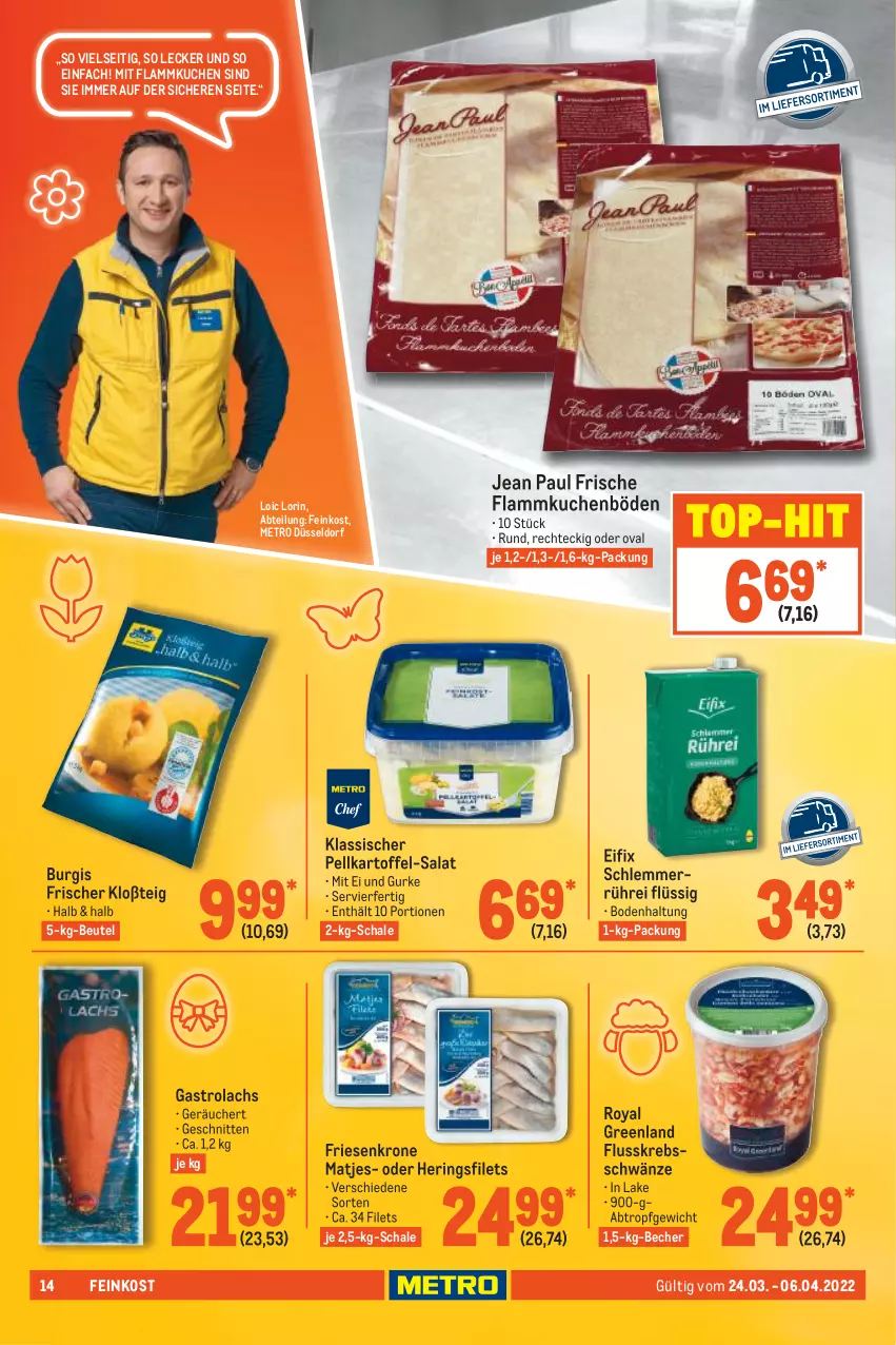 Aktueller Prospekt Metro - GastroJournal - von 24.03 bis 06.04.2022 - strona 14 - produkty: Abtei, Becher, beutel, feinkost, filet, filets, flammkuchen, gurke, hering, Herings, heringsfilets, kartoffel, Krebs, krone, kuchen, lachs, lamm, matjes, Metro, ring, salat, Schal, Schale, schnitten, Ti, top-hit