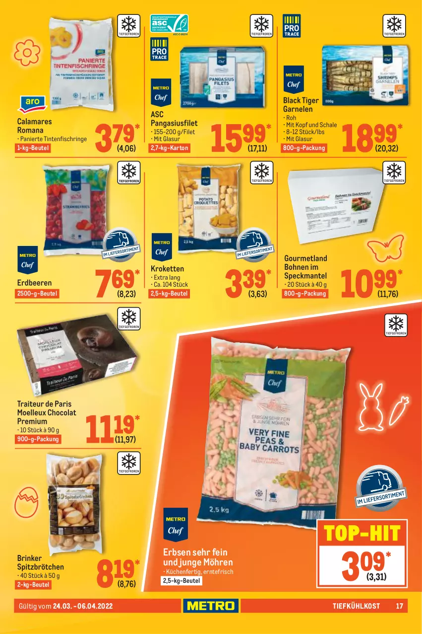 Aktueller Prospekt Metro - GastroJournal - von 24.03 bis 06.04.2022 - strona 17 - produkty: beere, beeren, beutel, bohne, bohnen, brötchen, cola, elle, erbsen, erdbeere, erdbeeren, filet, fisch, garnelen, Kette, Kroketten, küche, Küchen, lack, Mantel, möhren, Pangasius, ring, Schal, Schale, Speck, Ti, tiefkühlkost, Tintenfischringe, top-hit