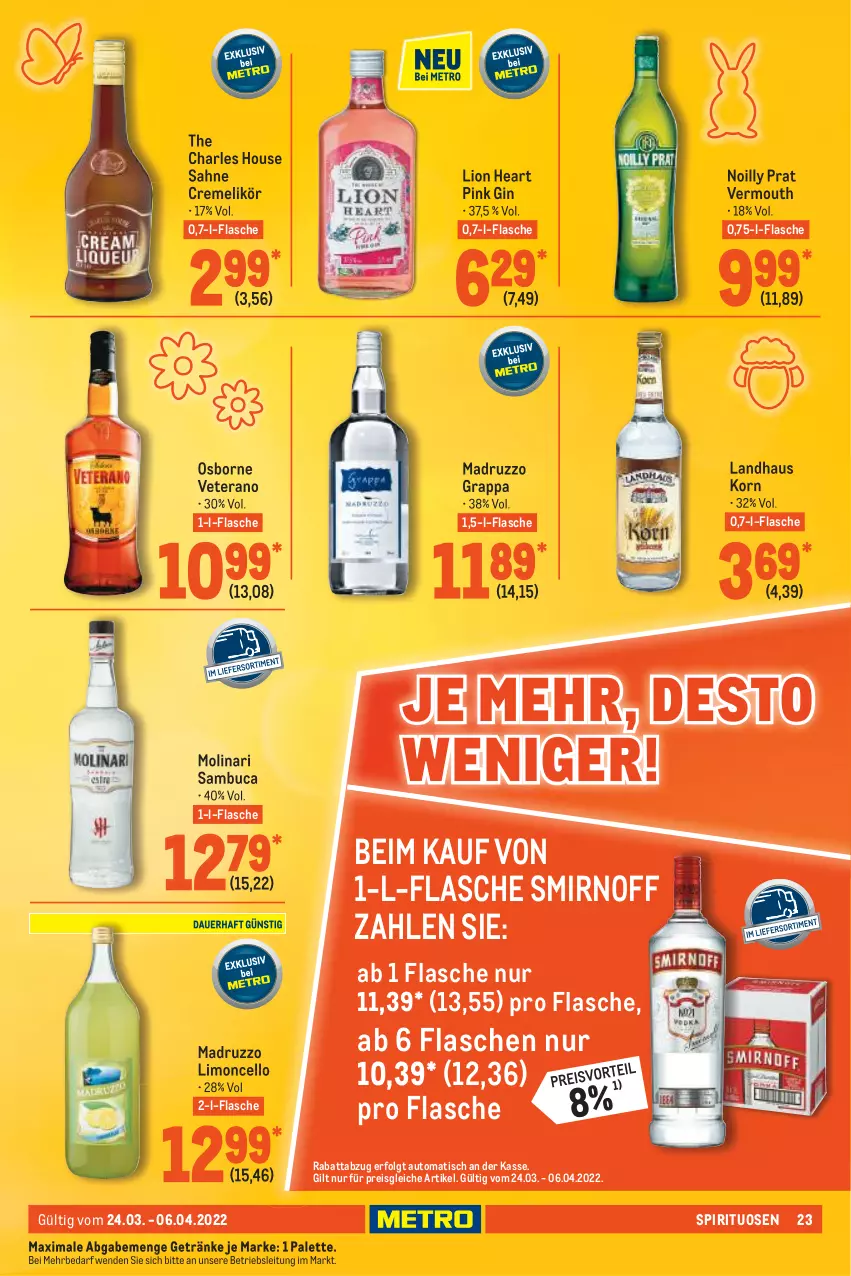 Aktueller Prospekt Metro - GastroJournal - von 24.03 bis 06.04.2022 - strona 23 - produkty: auto, creme, eis, flasche, getränk, getränke, gin, grappa, korn, LG, likör, limo, lion, Molinari, osborne, Palette, preisvorteil, reis, sahne, sambuca, smirnoff, spirituosen, Ti, tisch, Vermouth, veterano