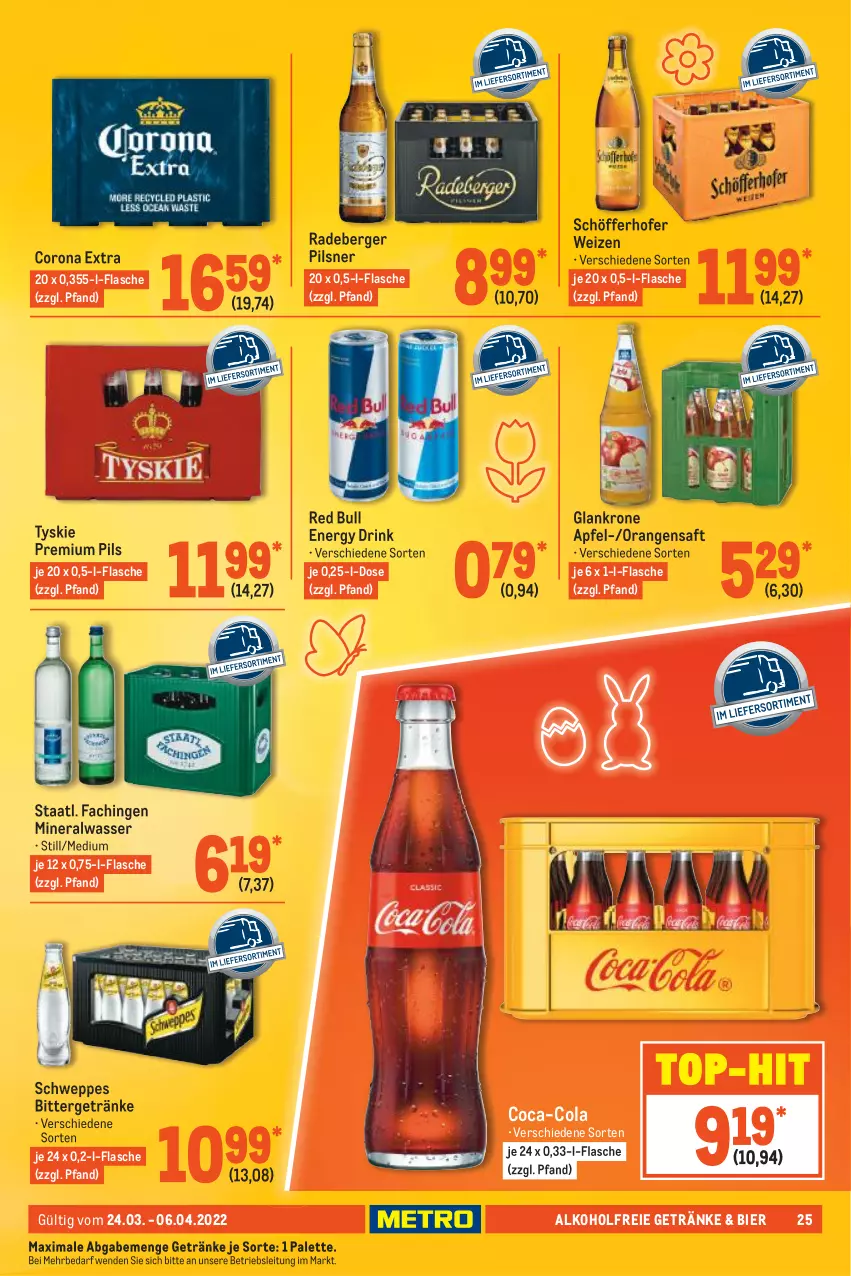 Aktueller Prospekt Metro - GastroJournal - von 24.03 bis 06.04.2022 - strona 25 - produkty: alkohol, alkoholfreie getränke, Alwa, apfel, Berger, bier, coca-cola, cola, corona, corona extra, drink, energy drink, flasche, getränk, getränke, krone, mineralwasser, orange, orangen, orangensaft, Palette, pils, pilsner, premium pils, radeberger, radeberger pilsner, red bull, saft, schöfferhofer, schweppes, Staatl. Fachingen, Ti, top-hit, tyskie, wasser