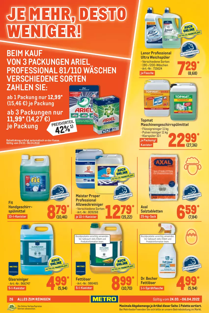 Aktueller Prospekt Metro - GastroJournal - von 24.03 bis 06.04.2022 - strona 26 - produkty: allzweckreiniger, ariel, auto, Becher, eis, Fettlöser, flasche, geschirr, geschirrspülmittel, Glasreiniger, klarspüler, lenor, LG, Meister, meister proper, Palette, reiniger, reis, sac, salz, sprühflasche, spülmittel, tablet, tablett, Tablette, Ti, tisch, weck, weichspüler