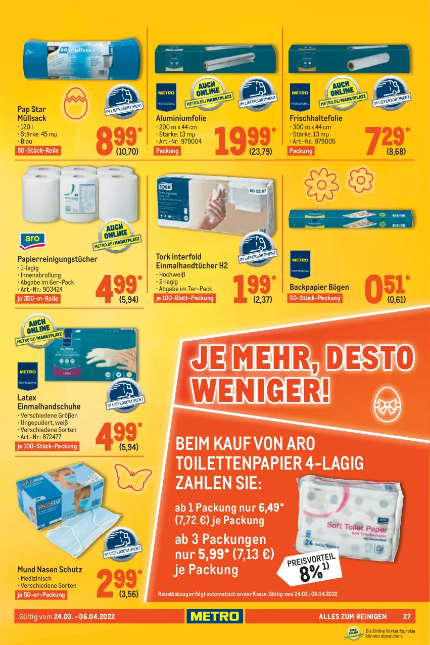 Aktueller Prospekt Metro - GastroJournal - von 24.03 bis 06.04.2022 - strona 27 - produkty: Aluminiumfolie, auto, Einmalhandtücher, eis, frischhaltefolie, handschuhe, handtücher, LG, papier, Reinigung, reinigungstücher, reis, sac, schuhe, Ti, tisch, toilettenpapier, tücher