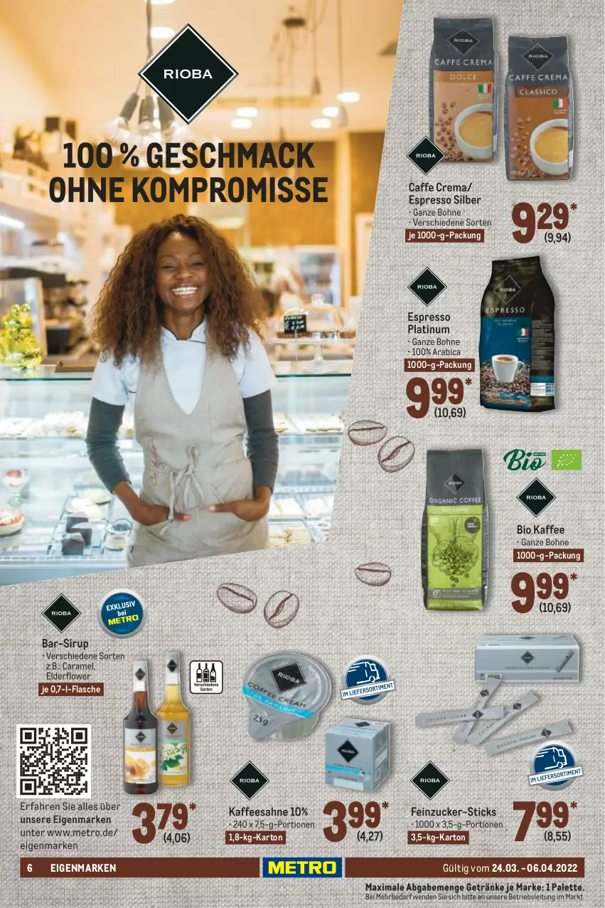 Aktueller Prospekt Metro - GastroJournal - von 24.03 bis 06.04.2022 - strona 6 - produkty: bio, bohne, caffe, caramel, espresso, flasche, getränk, getränke, kaffee, Metro, Palette, sahne, sirup, Ti, zucker