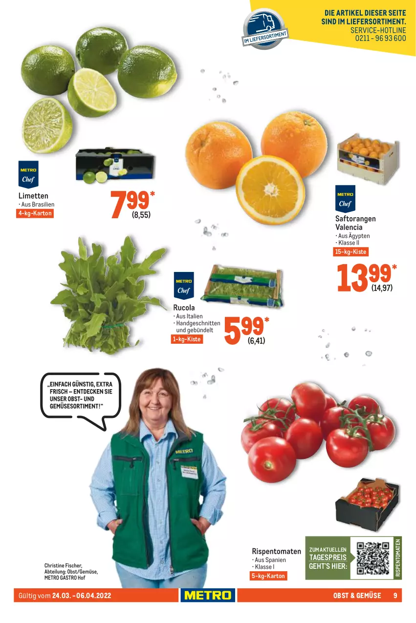 Aktueller Prospekt Metro - GastroJournal - von 24.03 bis 06.04.2022 - strona 9 - produkty: Abtei, cola, decke, eis, elle, fisch, fische, Fischer, limette, limetten, Metro, metro gastro, Mett, metten, obst, orange, orangen, reis, rispentomaten, rucola, saft, Saftorangen, schnitten, Ti, tomate, tomaten, und gemüse