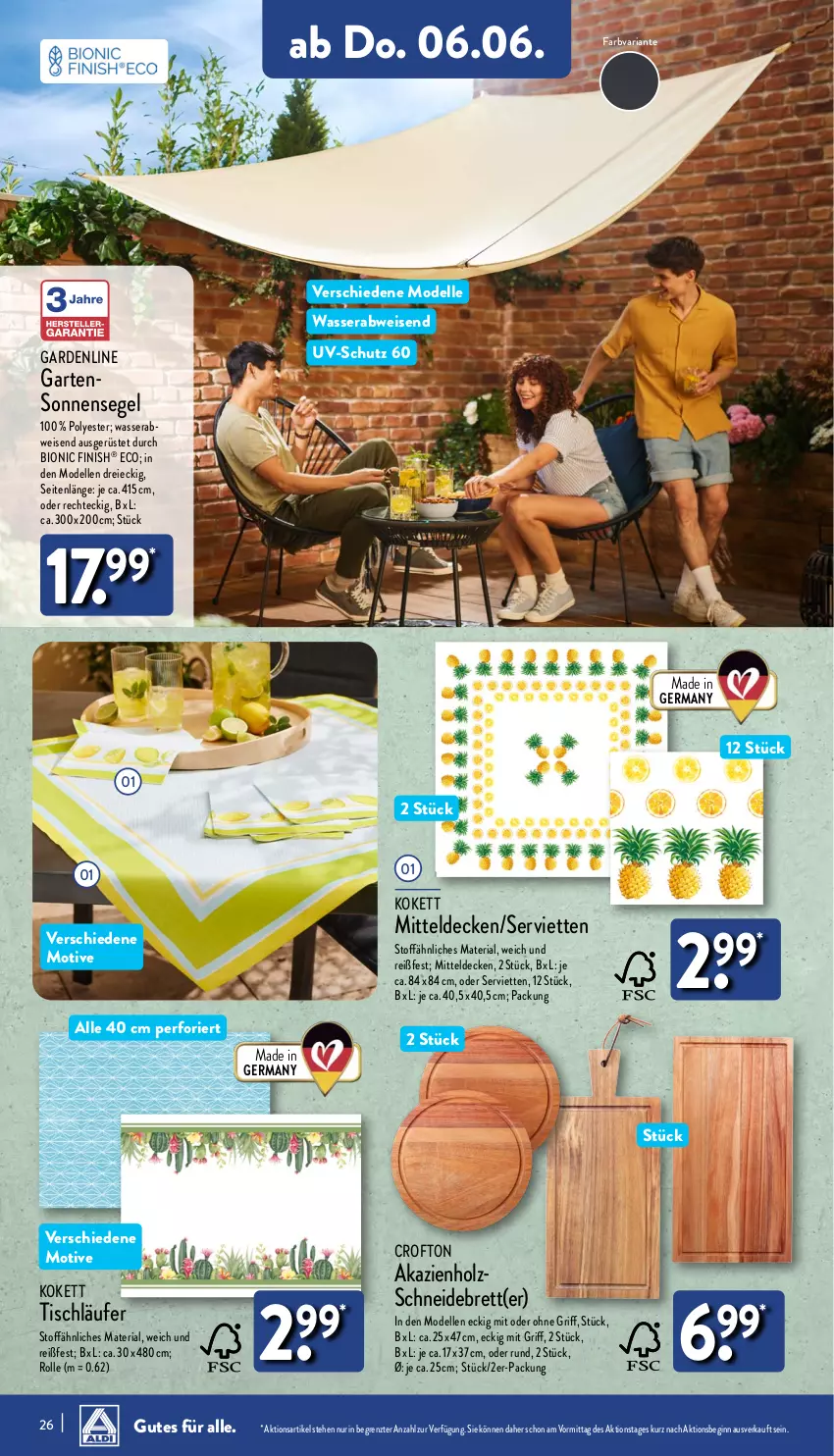 Aktueller Prospekt Aldi Nord - Von Montag - von 03.06 bis 08.06.2024 - strona 26 - produkty: bio, Crofton, decke, dell, eis, elle, Finish, Garten, Germ, gin, Holz, Läufer, mitteldecke, Mode, Ria, schneidebrett, Serviette, servietten, sonnensegel, Ti, tisch, tischläufer, uv-schutz, wasser, ZTE