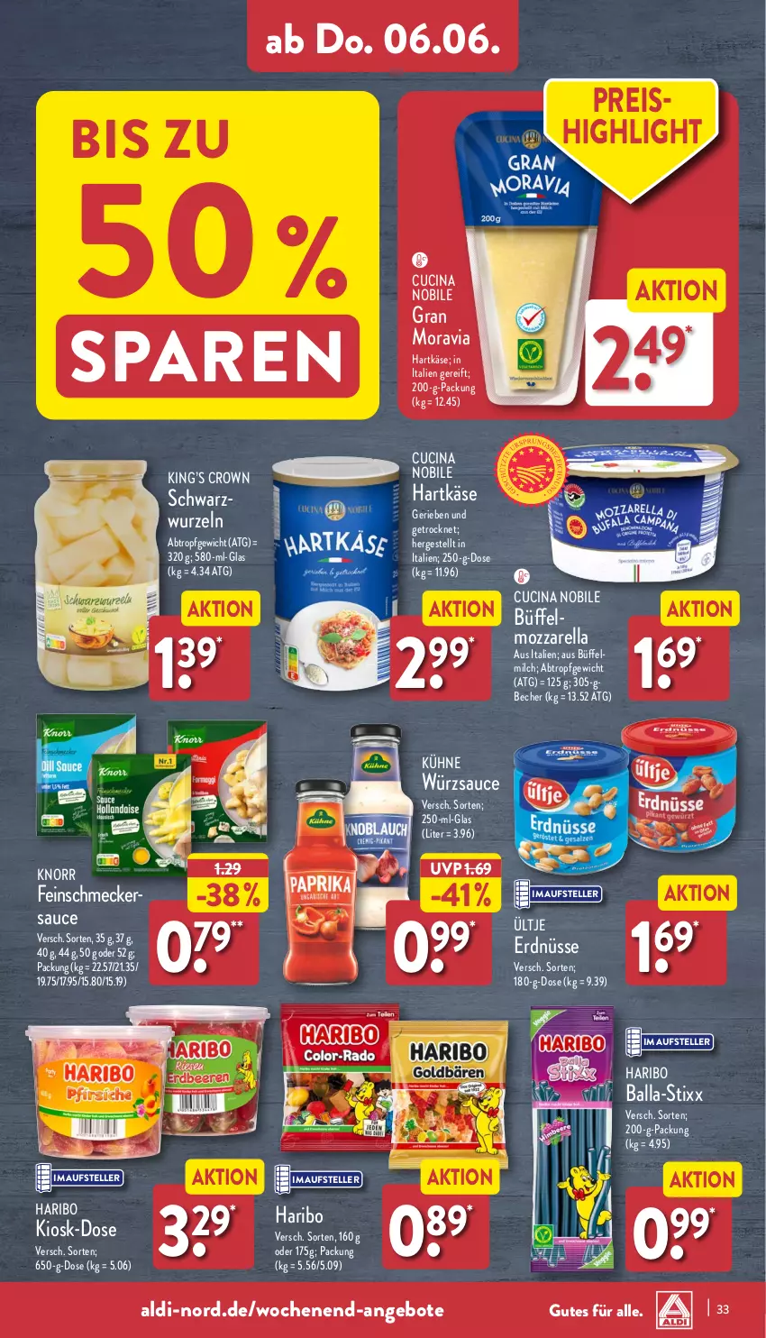 Aktueller Prospekt Aldi Nord - Von Montag - von 03.06 bis 08.06.2024 - strona 33 - produkty: aldi, angebot, angebote, ball, Becher, cin, eis, elle, erdnüsse, feinschmecker, haribo, hartkäse, Käse, knorr, Kühne, milch, mozzarella, reis, rel, sauce, teller, Ti, ültje, ültje erdnüsse, würzsauce