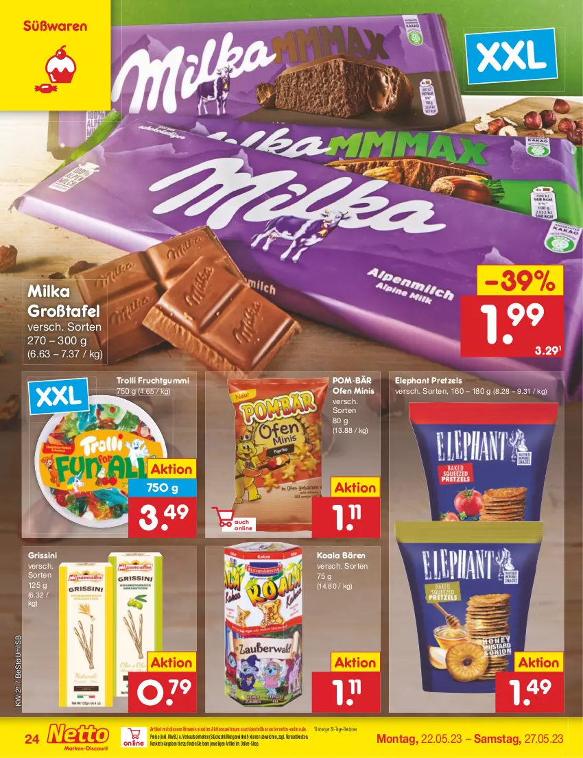 Aktueller Prospekt Netto Marken-Discount - Filial-Angebote - von 22.05 bis 27.05.2023 - strona 24 - produkty: bestpreis, eis, frucht, fruchtgummi, grissini, milka, ndk, Ofen, pom-bär, Pretzel, reis, Ti, trolli, trolli fruchtgummi