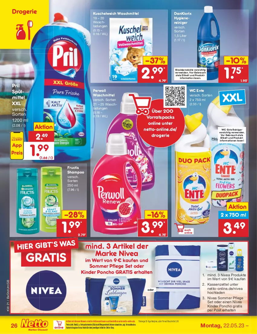 Aktueller Prospekt Netto Marken-Discount - Filial-Angebote - von 22.05 bis 27.05.2023 - strona 26 - produkty: bestpreis, bio, biozidprodukte, danklorix, eis, ente, fructis, Kinder, Kuschelweich, ndk, nivea, perwoll, pril, Rauch, reiniger, reis, rwe, shampoo, spülmittel, Ti, waschmittel, wc ente