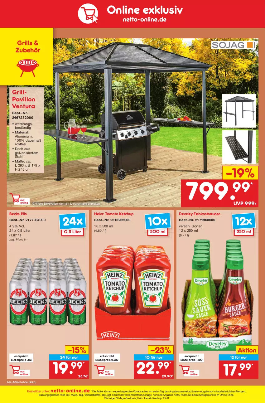 Aktueller Prospekt Netto Marken-Discount - Filial-Angebote - von 22.05 bis 27.05.2023 - strona 46 - produkty: angebot, auer, becks, bestpreis, dekoration, develey, eis, feinkost, grill, Grillpavillon, heinz, ketchup, ndk, pavillon, pils, reis, Ria, rum, sauce, saucen, Ti, tomato ketchup, ZTE