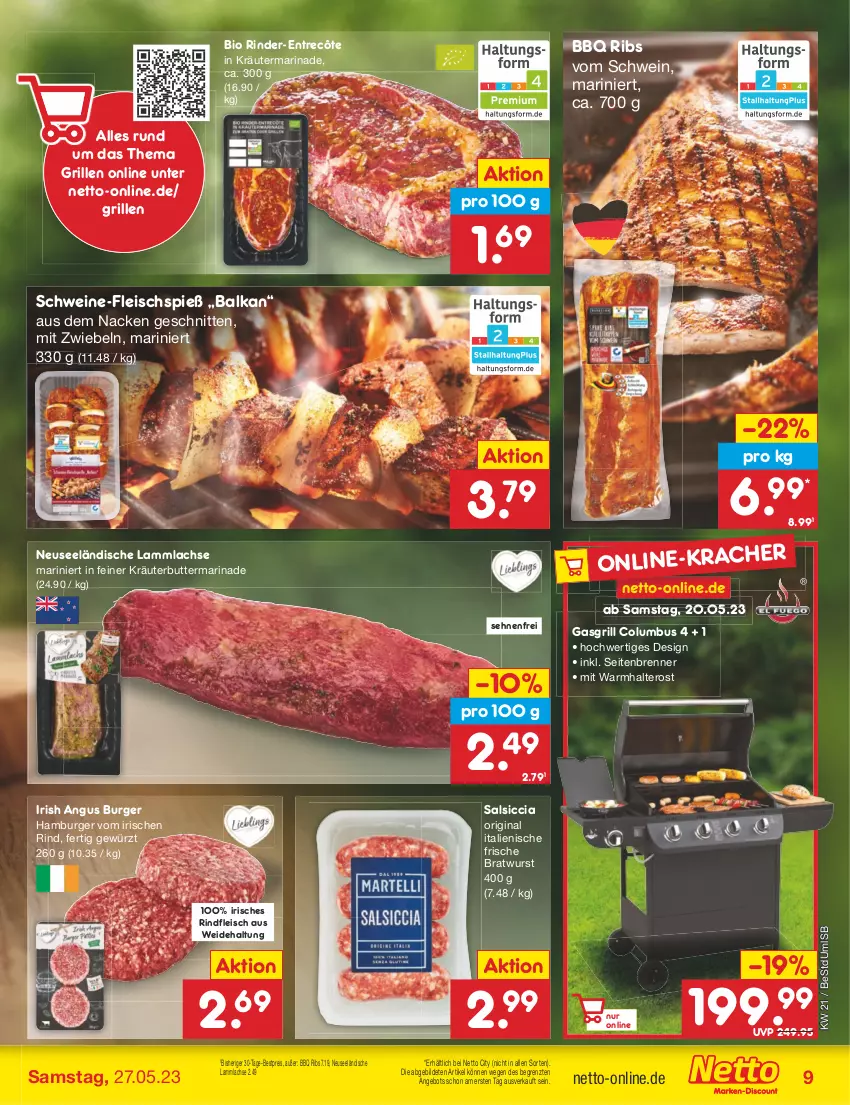 Aktueller Prospekt Netto Marken-Discount - Filial-Angebote - von 22.05 bis 27.05.2023 - strona 9 - produkty: angebot, bestpreis, bio, bratwurst, burger, butter, eis, entrecôte, fleisch, gasgrill, gewürz, gin, grill, hamburger, kräuter, kräuterbutter, lachs, lamm, lammlachse, marinade, mit zwiebeln, reis, rind, rinder, rindfleisch, salsiccia, schnitten, schwein, schweine, Ti, wein, weine, wurst, ZTE, zwiebel, zwiebeln