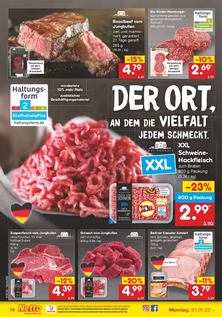 Aktueller Prospekt Netto Marken-Discount - Filial-Angebote - von 31.01 bis 05.02.2022 - strona 14 - produkty: beef, berliner, bio, braten, burger, eis, fleisch, gewürz, gulasch, hackfleisch, hamburger, jungbullen, kasseler, kotelett, küche, Küchen, ndk, reis, Ria, rind, rinder, roastbeef, saft, schwein, schweine, Schweinehackfleisch, suppe, suppen, suppenfleisch, Ti, versandkostenfrei, wein, weine