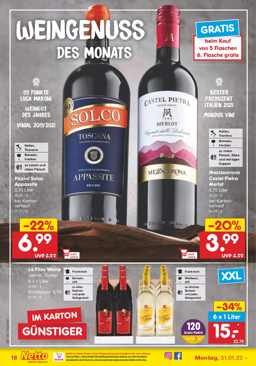 Aktueller Prospekt Netto Marken-Discount - Filial-Angebote - von 31.01 bis 05.02.2022 - strona 18 - produkty: cin, corona, eis, flasche, fleisch, Käse, lamm, merl, merlot, mezzacorona, ndk, nuss, reis, rotwein, suppe, suppen, Ti, versandkostenfrei, wein, weine, Weißwein