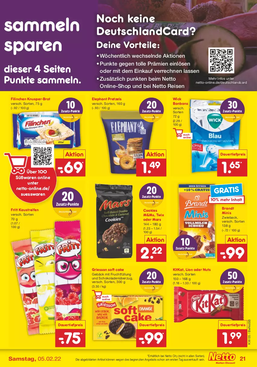 Aktueller Prospekt Netto Marken-Discount - Filial-Angebote - von 31.01 bis 05.02.2022 - strona 21 - produkty: angebot, auer, aust, bonbons, brandt, brot, cookie, cookies, dauertiefpreis, deutschlandcard, eis, frucht, griesson, Kaustreifen, kitkat, Knusper-Brot, lion, mars, mit frucht, Pretzel, reifen, reis, schoko, schokolade, schokoladen, Ti, tiefpreis, twix, WICK, ZTE