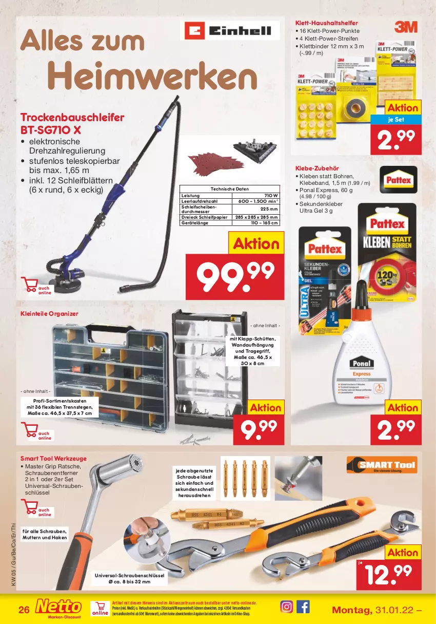 Aktueller Prospekt Netto Marken-Discount - Filial-Angebote - von 31.01 bis 05.02.2022 - strona 26 - produkty: Bau, Beba, eis, Elektro, kleber, messer, ndk, papier, reifen, reis, Schleifpapier, schrauben, Teleskop, Ti, tragegriff, versandkostenfrei, werkzeug, werkzeuge, ZTE