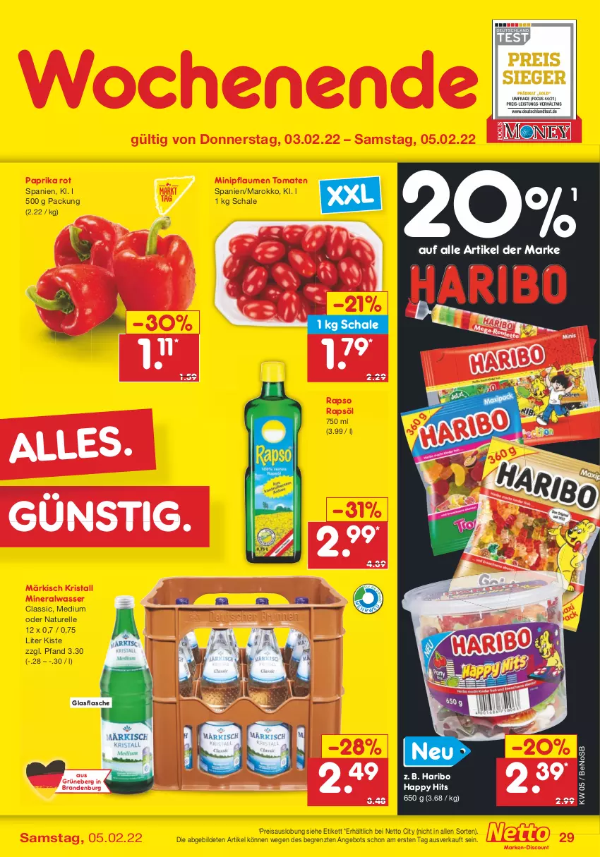 Aktueller Prospekt Netto Marken-Discount - Filial-Angebote - von 31.01 bis 05.02.2022 - strona 29 - produkty: Alwa, angebot, eis, elle, flasche, glasflasche, haribo, mineralwasser, Mineralwasser Classic, natur, paprika, paprika rot, pflaume, pflaumen, rapso, rapsöl, reis, rel, Schal, Schale, Ti, tomate, tomaten, wasser, ZTE