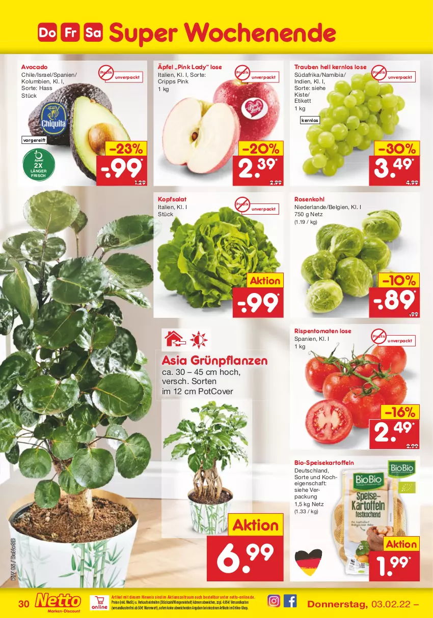 Aktueller Prospekt Netto Marken-Discount - Filial-Angebote - von 31.01 bis 05.02.2022 - strona 30 - produkty: asti, avocado, bio, eis, Grünpflanzen, kartoffel, kartoffeln, kopfsalat, LG, ndk, pflanze, pflanzen, Pink Lady, reis, rispentomaten, rosen, Rosenkohl, salat, speisekartoffeln, Ti, tomate, tomaten, trauben, versandkostenfrei