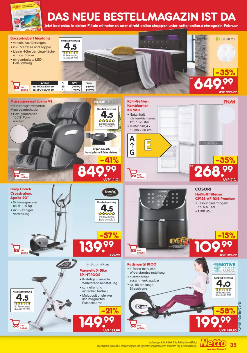 Aktueller Prospekt Netto Marken-Discount - Filial-Angebote - von 31.01 bis 05.02.2022 - strona 35 - produkty: angebot, Bau, beleuchtung, bett, body, boxspringbett, eis, elle, fritteuse, gefrierkombination, Heißluftfritteuse, kühl-gefrierkombination, Liege, magazin, matratze, montana, reis, Ria, ring, rückenlehne, sessel, Ti, topper, ZTE