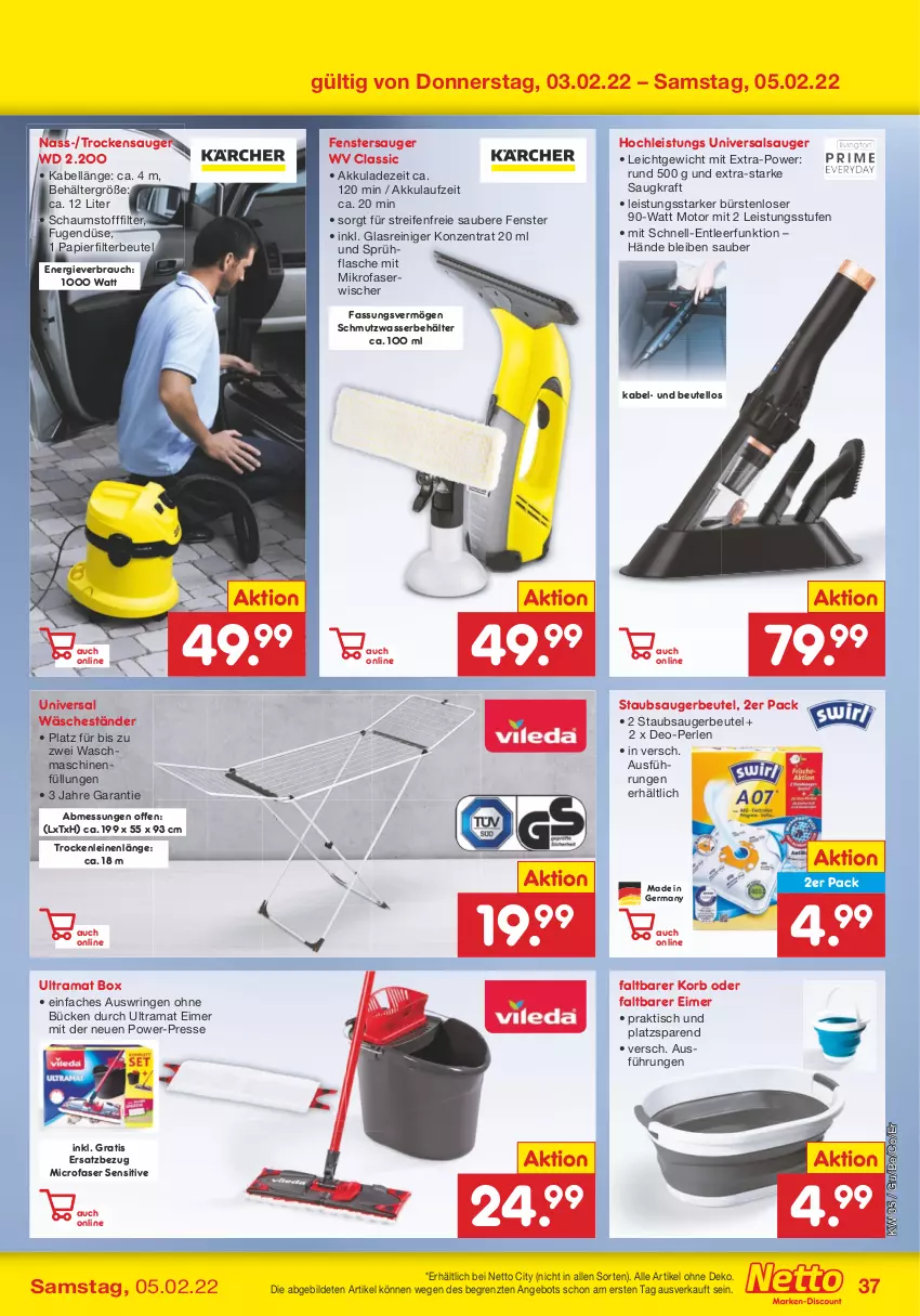 Aktueller Prospekt Netto Marken-Discount - Filial-Angebote - von 31.01 bis 05.02.2022 - strona 37 - produkty: akku, angebot, Behälter, beutel, bürste, bürsten, deo, eimer, eis, fenster, fenstersauger, flasche, Germ, Glasreiniger, korb, kraft, leine, mikrofaser, mit mikrofaserwischer, papier, perlen, rama, Rauch, reifen, reiniger, ring, Salsa, sprühflasche, staubsauger, staubsaugerbeutel, Ti, tisch, Trockensauger, waschmaschine, waschmaschinen, wasser, ZTE