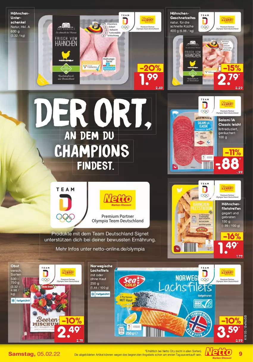 Aktueller Prospekt Netto Marken-Discount - Filial-Angebote - von 31.01 bis 05.02.2022 - strona 9 - produkty: angebot, braten, champion, elle, filet, filets, geschnetzeltes, Hähnchengeschnetzeltes, henkel, küche, lachs, lachsfilet, lachsfilets, natur, obst, reifen, rwe, salami, schenkel, Ti, Zelt, ZTE