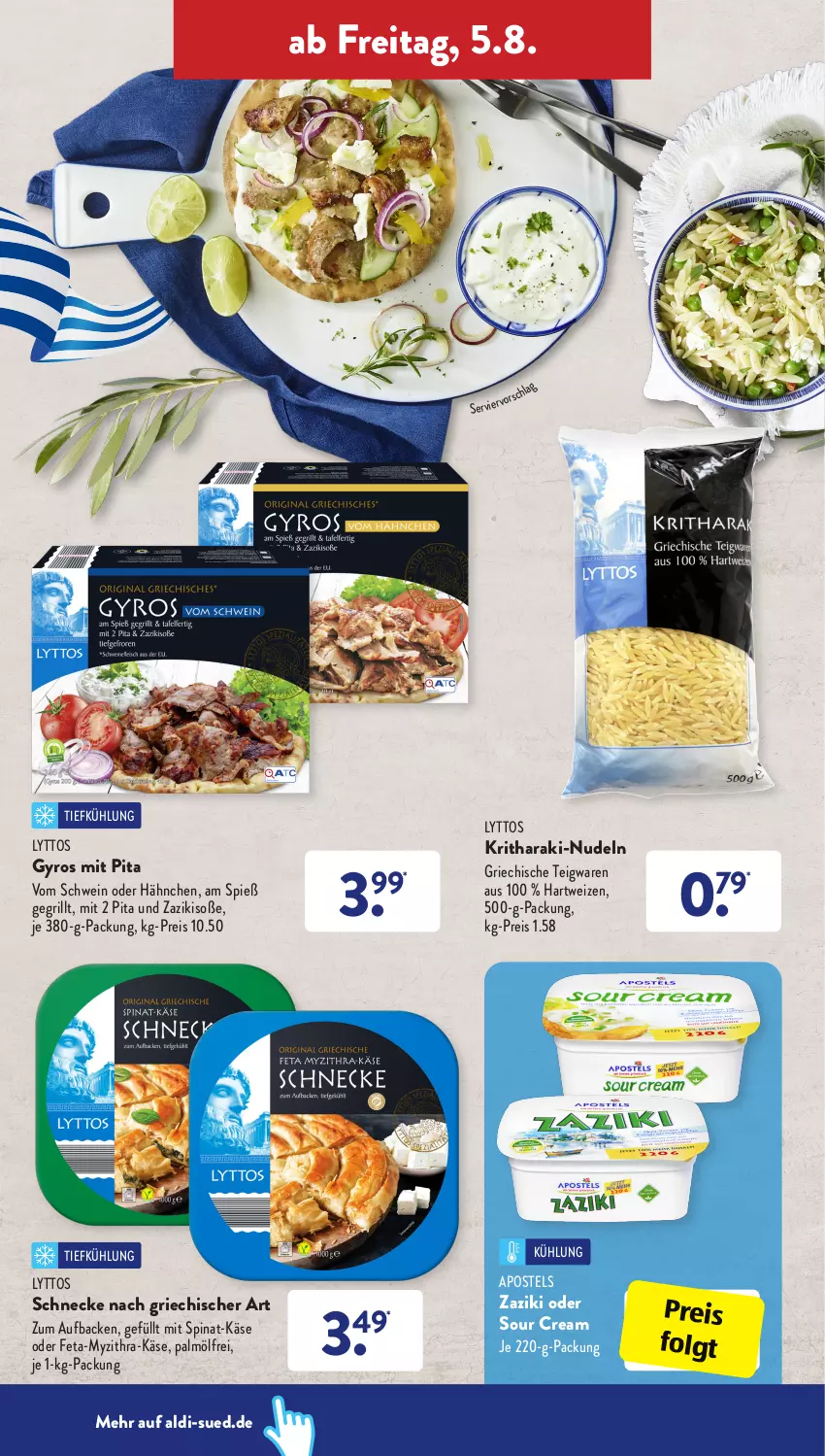 Aktueller Prospekt AldiSud - IN ZWEI WOCHEN - von 01.08 bis 06.08.2022 - strona 20 - produkty: aldi, apostels, eis, feta, grill, gyros, hartweizen, Käse, LG, nudel, nudeln, reis, schwein, Soße, sour cream, spinat, teigwaren, Ti, wein, zaziki