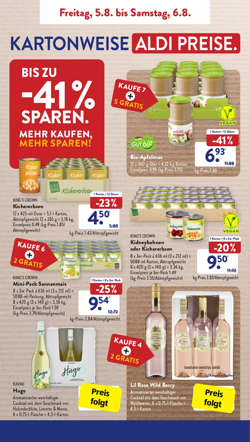 Aktueller Prospekt AldiSud - IN ZWEI WOCHEN - von 01.08 bis 06.08.2022 - strona 27 - produkty: aldi, apfel, apfelmus, beere, beeren, bio, Blüte, bohne, bohnen, cocktail, eis, erbsen, flasche, Gläser, holunder, holunderblüte, hugo, kichererbsen, kidney, LG, limette, mac, mais, Mett, minze, reis, Ti, wein, Wild, wild berry