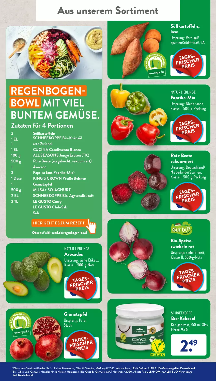 Aktueller Prospekt AldiSud - IN ZWEI WOCHEN - von 01.08 bis 06.08.2022 - strona 33 - produkty: agaven, aldi, apfel, avocado, avocados, bio, Bio-Obst, bohne, bohnen, chili, cin, condimento, Condimento Bianco, curry, dicksaft, eis, erbsen, grana, granatapfel, junge erbsen, kartoffel, kartoffeln, kokos, kokosöl, natur, obst, paprika, pril, Rana, reis, rezept, Rote Zwiebel, saft, salz, soja, Speisezwiebeln, Süßkartoffeln, Ti, Weiße Bohnen, zwiebel, zwiebeln