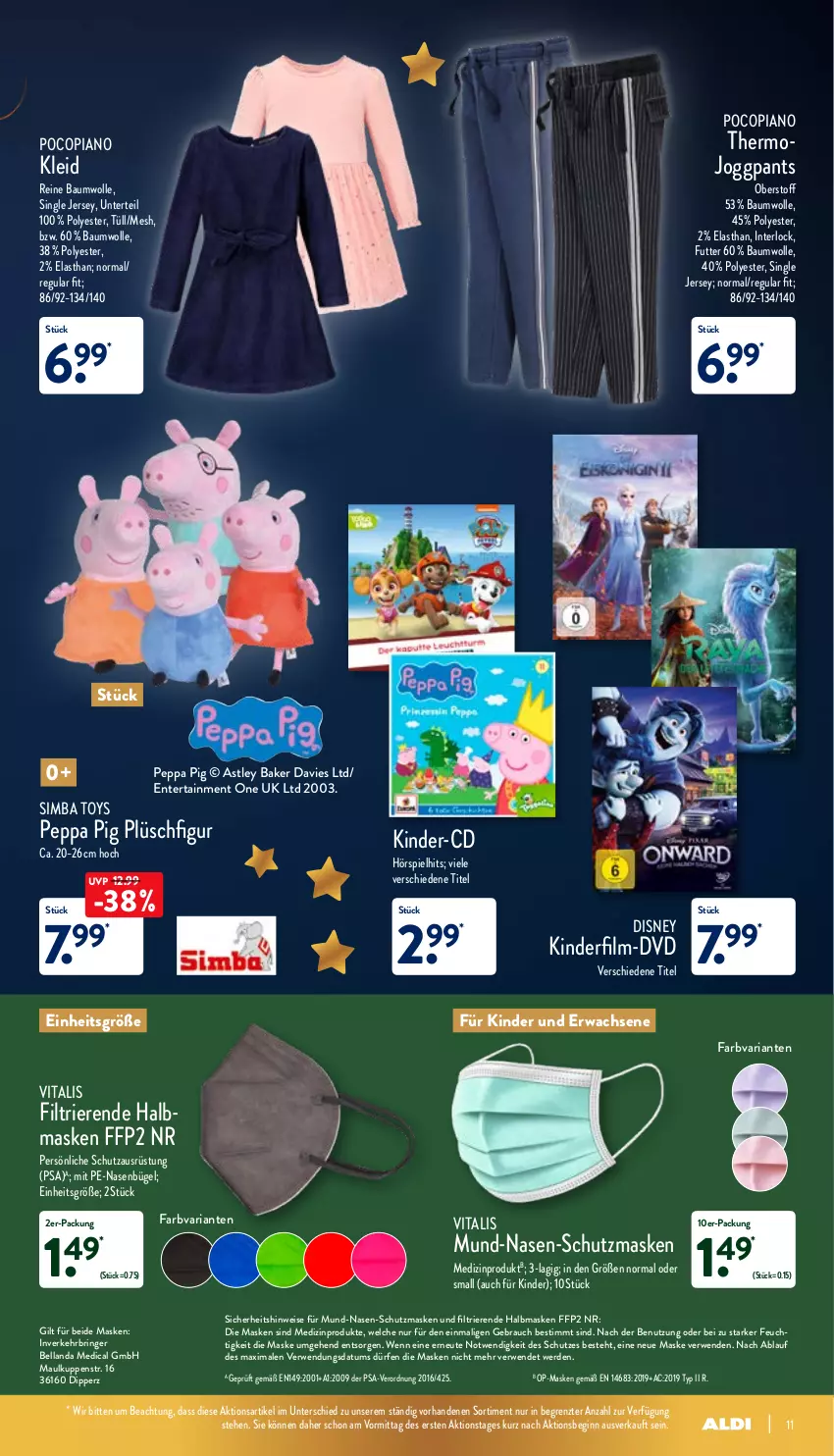 Aktueller Prospekt Aldi Nord - Aldi-Aktuell - von 13.12 bis 18.12.2021 - strona 11 - produkty: Bau, baumwolle, bügel, dip, disney, dvd, eis, ente, erde, FFP2, gin, Kinder, kleid, Maske, medizinprodukt, Pants, Peppa Pig, Plüsch, pocopiano, Rauch, reine baumwolle, Ria, ring, rwe, sim, simba, Ti, vita, vitalis, wolle, ZTE