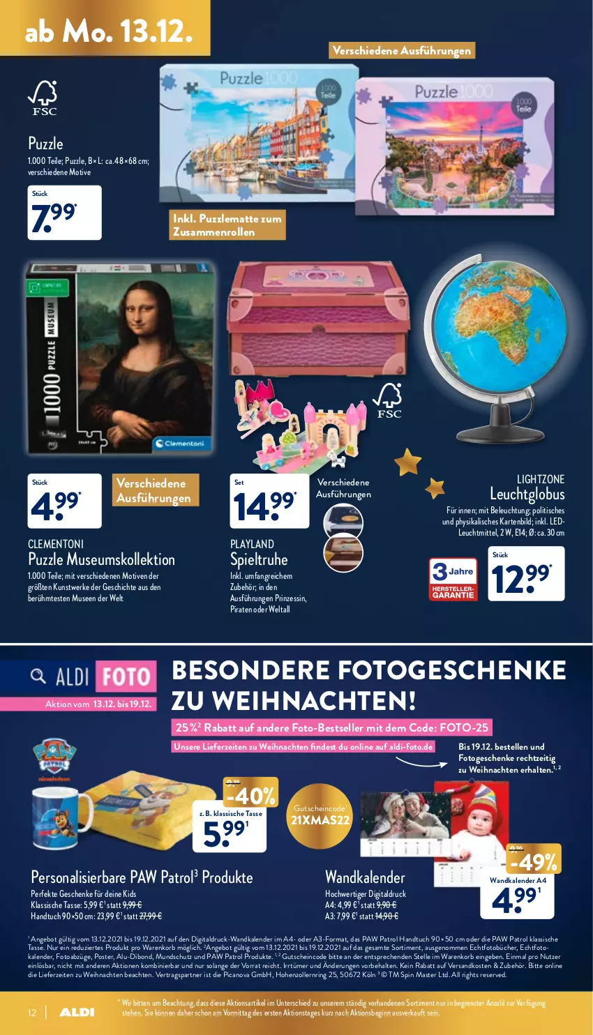 Aktueller Prospekt Aldi Nord - Aldi-Aktuell - von 13.12 bis 18.12.2021 - strona 12 - produkty: aldi, angebot, beleuchtung, elle, gin, gutschein, handtuch, korb, leuchtmittel, lightzone, ndk, Paw Patrol, Persona, Puzzle, ring, tasse, Ti, tisch, tuc, Wandkalender, weihnachten, xmas, ZTE