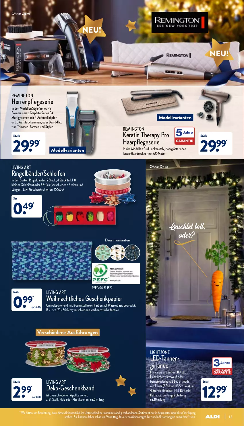 Aktueller Prospekt Aldi Nord - Aldi-Aktuell - von 13.12 bis 18.12.2021 - strona 13 - produkty: asti, batterie, Brei, dell, elle, Geschenkpapier, gin, Girlande, haarglätter, haarpflege, haartrockner, Holz, Kette, leds, leine, Leuchte, lightzone, Lockenstab, Mode, Multigroom, papier, perlen, rasierer, remington, Ria, ring, Tannengirlande, Ti, timer, Trockner, wasser, ZTE