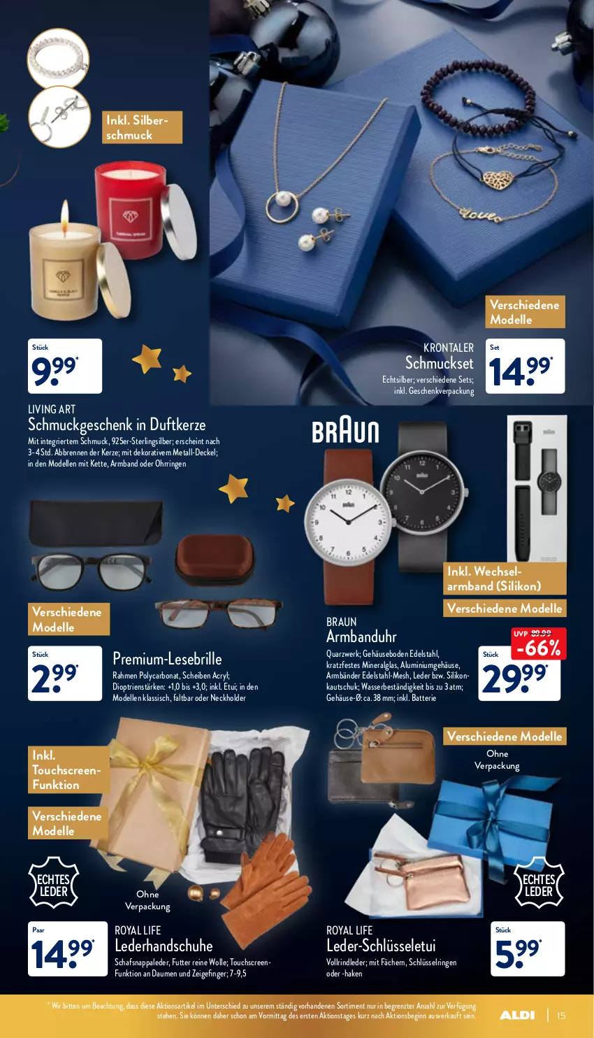 Aktueller Prospekt Aldi Nord - Aldi-Aktuell - von 13.12 bis 18.12.2021 - strona 15 - produkty: Armband, Armbanduhr, batterie, Bona, braun, Brille, decke, Deckel, dell, Duftkerze, edelstahl, elle, gin, handschuhe, kerze, Kette, LG, Mode, Ohrringe, rind, ring, Schmuck, Schmuckset, schuhe, Ti, touchscreen, uhr, wasser, wolle, ZTE