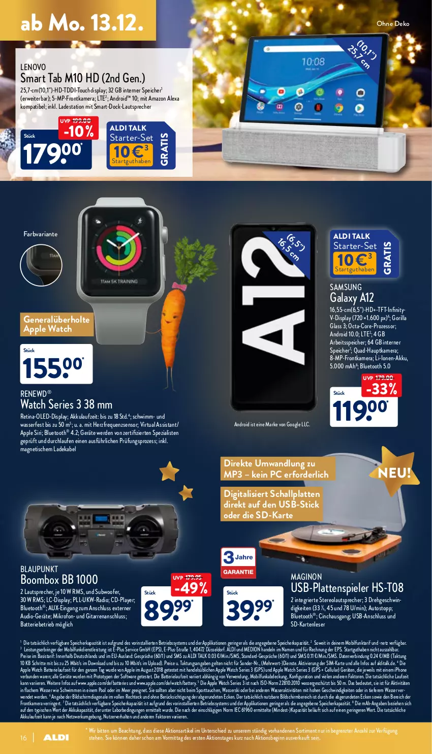 Aktueller Prospekt Aldi Nord - Aldi-Aktuell - von 13.12 bis 18.12.2021 - strona 16 - produkty: akku, aldi, aldi talk, alexa, amazon alexa, Apple, Apple Watch, Apple Watch SE, auto, batterie, Betriebssystem, blaupunkt, cin, deka, eis, erde, frontkamera, gin, GPS, hauptkamera, iphone, kamera, ladekabel, latte, Laufen, lautsprecher, lenovo, medion, Mp3, pool, quad, Radio, reis, Ria, ring, rwe, Samsung, samsung galaxy, Samsung Galaxy A, Samsung Galaxy A12, Schal, sim, Software, Spezi, Spiele, Sport, Subwoofer, Ti, tisch, usb, wasser, ZTE