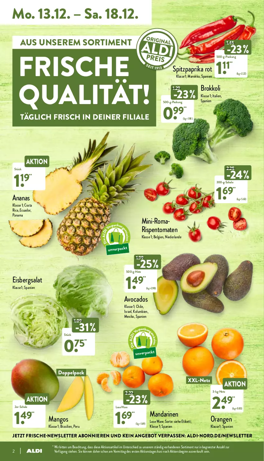 Aktueller Prospekt Aldi Nord - Aldi-Aktuell - von 13.12 bis 18.12.2021 - strona 2 - produkty: aldi, ananas, angebot, avocado, avocados, brokkoli, eis, eisbergsalat, gin, LG, mandarine, mandarinen, mango, mangos, orange, orangen, paprika, paprika rot, rispentomaten, salat, Schal, Schale, Spitzpaprika, Ti, tomate, tomaten, ZTE