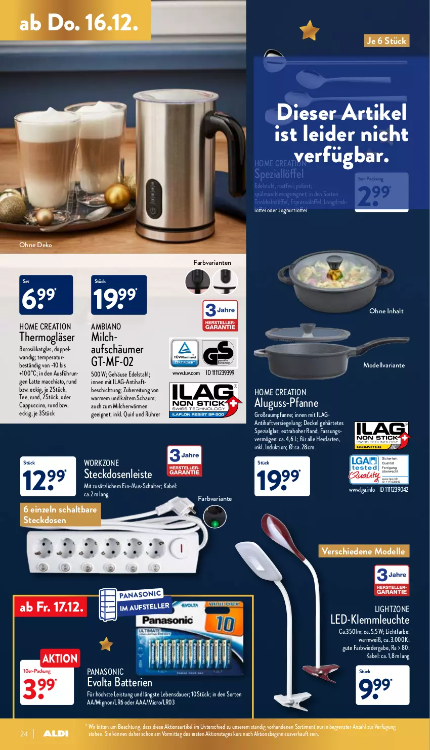 Aktueller Prospekt Aldi Nord - Aldi-Aktuell - von 13.12 bis 18.12.2021 - strona 24 - produkty: ACC, Aluguss-Pfanne, ambia, auer, batterie, batterien, Cap, cappuccino, chia, cin, decke, Deckel, dell, drink, edelstahl, eis, elle, espresso, gin, Gläser, herdarten, ilag, joghur, joghurt, latte, latte macchiato, Leuchte, LG, lightzone, Löffel, mac, macchiato, milch, Mode, oder cappuccino, panasonic, pfanne, Ria, Schal, Spezi, spülmaschinen, steckdose, Steckdosenleiste, tee, teller, Thermogläser, Ti, ZTE