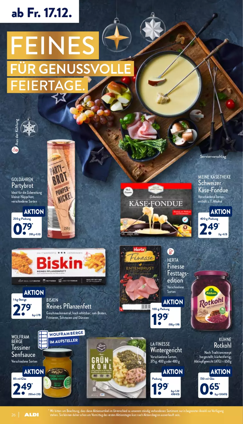 Aktueller Prospekt Aldi Nord - Aldi-Aktuell - von 13.12 bis 18.12.2021 - strona 26 - produkty: alkohol, braten, brot, eier, elle, finesse, Fondue, gin, herta, herta finesse, Käse, käsetheke, küche, Küchen, Kühne, leine, mac, nuss, pflanze, pflanzen, Pflanzenfett, rezept, rotkohl, sauce, senf, teller, Ti, Tiere, ZTE