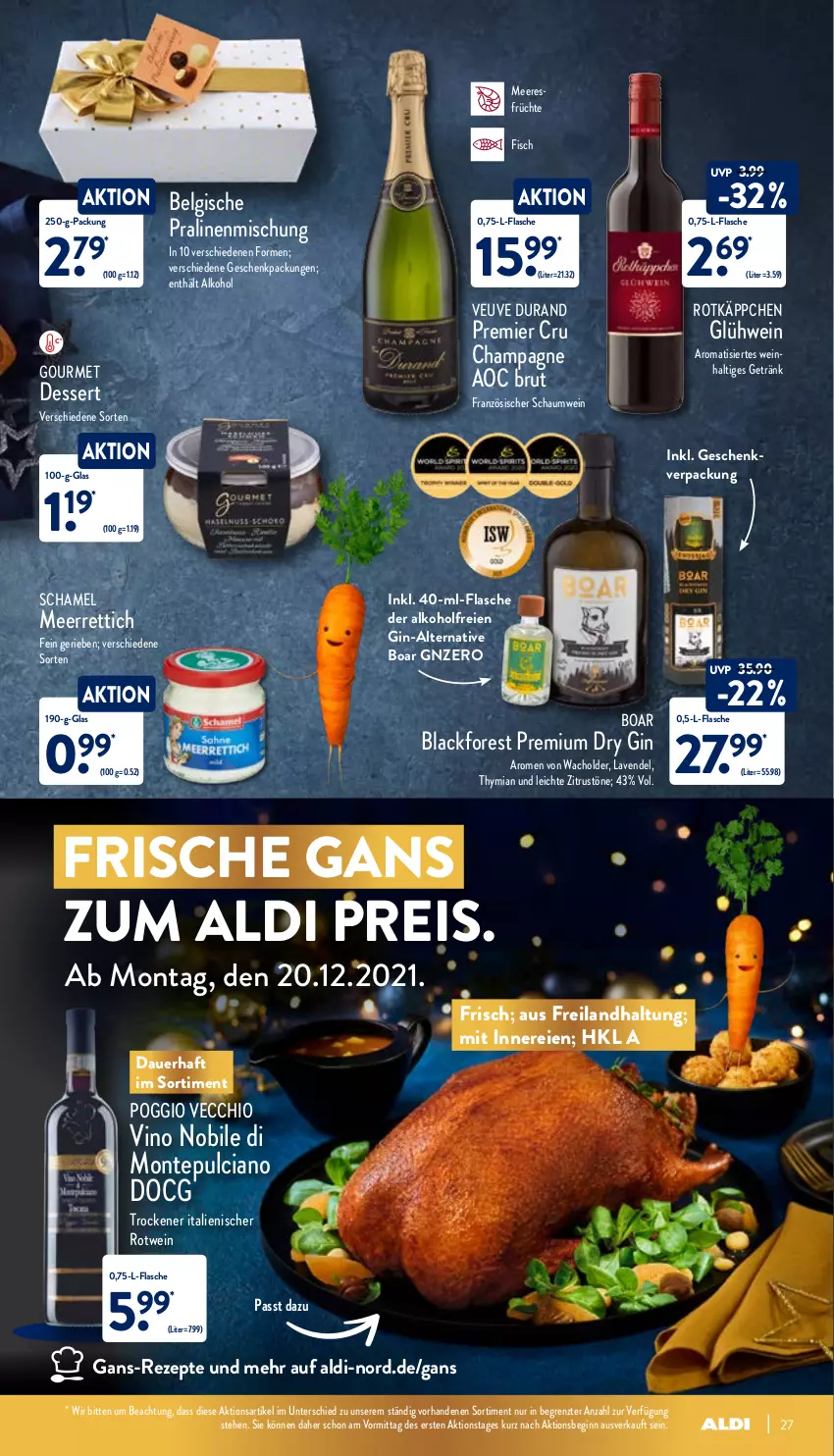 Aktueller Prospekt Aldi Nord - Aldi-Aktuell - von 13.12 bis 18.12.2021 - strona 27 - produkty: aldi, alkohol, auer, brut, champagne, dessert, dry gin, eis, fisch, flasche, Frische Gans, früchte, geschenkpackung, getränk, gin, Glühwein, lack, lavendel, LG, meeresfrüchte, meerrettich, monte, Montepulciano, pralinen, reis, Rettich, rezept, rezepte, rotkäppchen, rotwein, schamel, Ti, wein, ZTE