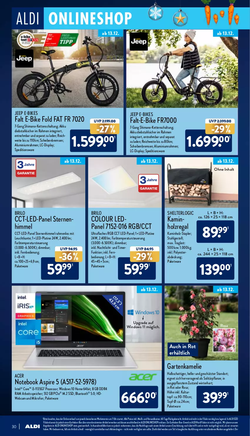 Aktueller Prospekt Aldi Nord - Aldi-Aktuell - von 13.12 bis 18.12.2021 - strona 30 - produkty: acer, akku, aldi, angebot, angebote, auer, Bau, E-Bike, E-Bikes, eis, elle, erde, fernbedienung, Garten, gin, Holz, Intel, Kamin, Kaminholz, Kette, LG, Nachtlicht, ndk, notebook, pflanze, regal, reis, rwe, Schal, shimano, ssd, Ti, timer, topf, uhr, ZTE