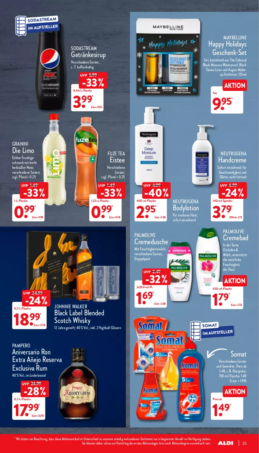 Aktueller Prospekt Aldi Nord - Aldi-Aktuell - von 13.12 bis 18.12.2021 - strona 35 - produkty: Bad, ball, beutel, black label, blended scotch, blended scotch whisky, body, bodylotion, creme, dusche, eis, eistee, elle, flasche, frucht, fuze tea, getränk, getränke, getränkesirup, gin, Gläser, granini, granini die limo, handcreme, johnnie walker, klarspüler, lack, limo, Lotion, mac, Mascara, Maybelline, milch, neutrogena, olive, orchidee, palmolive, reis, rum, scotch, scotch whisky, sirup, Soda, sodastream, somat, tee, teller, Ti, whisky, ZTE