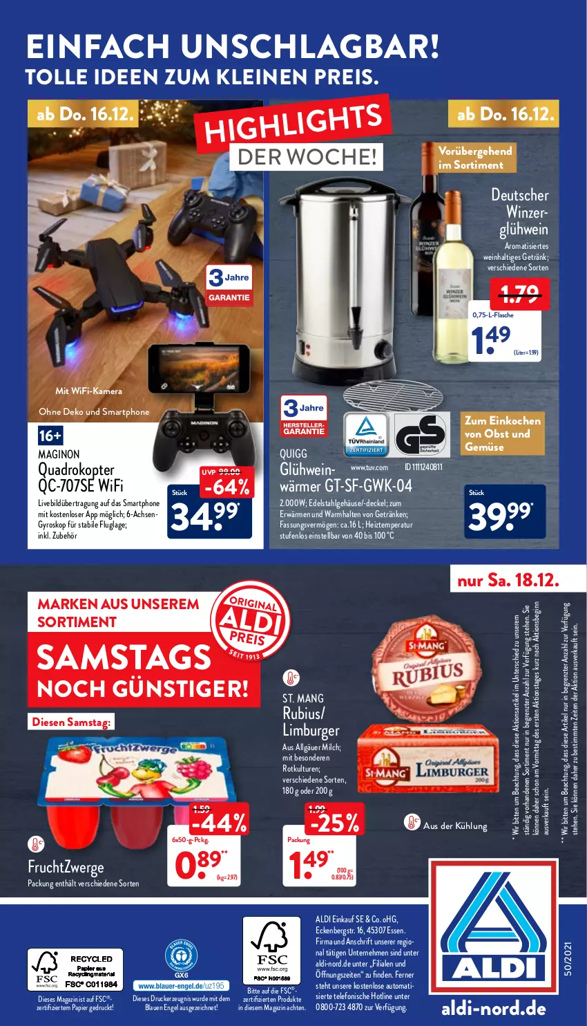 Aktueller Prospekt Aldi Nord - Aldi-Aktuell - von 13.12 bis 18.12.2021 - strona 36 - produkty: aldi, auto, burger, decke, Deckel, drucker, edelstahl, eis, Engel, flasche, frucht, fruchtzwerge, getränk, getränke, gin, Glühwein, gyros, kamera, kerze, leine, LG, Limburger, magazin, milch, obst, Obst und Gemüse, papier, quad, Quadro, quigg, reis, Rubius, smartphone, St. Mang, telefon, Ti, und gemüse, wein, ZTE