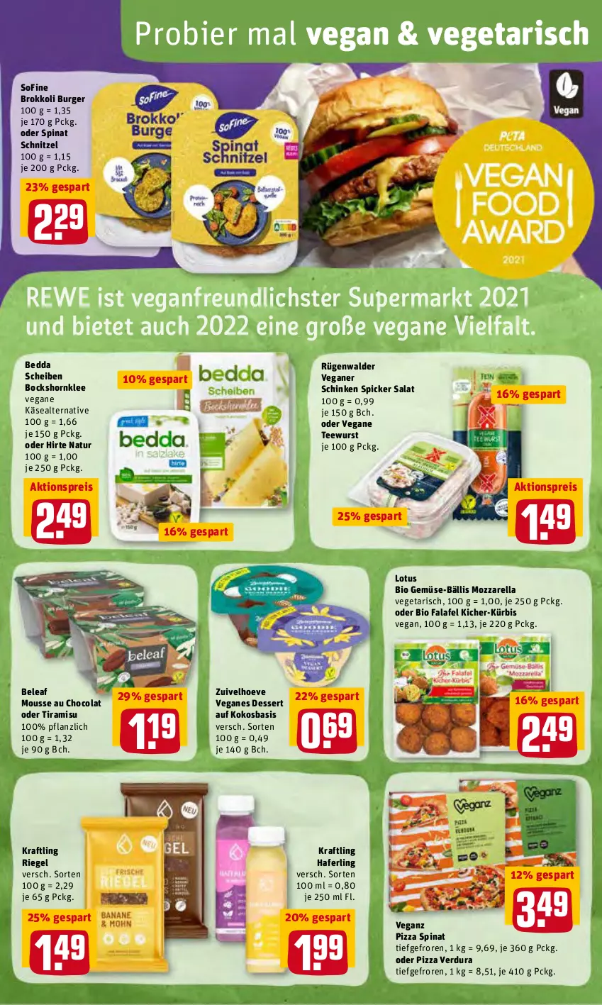 Aktueller Prospekt Rewe - Prospekte - von 14.03 bis 20.03.2022 - strona 11 - produkty: aktionspreis, bier, bio, bio gemüse, brokkoli, burger, cola, dessert, eis, Falafel, hafer, Käse, kokos, kraft, Kürbis, mousse, Mousse au Chocolat, mozzarella, natur, pizza, reis, rel, riegel, rügenwalder, salat, schinken, schinken spicker, schnitzel, spinat, tee, teewurst, Ti, tiramisu, Vegeta, wurst