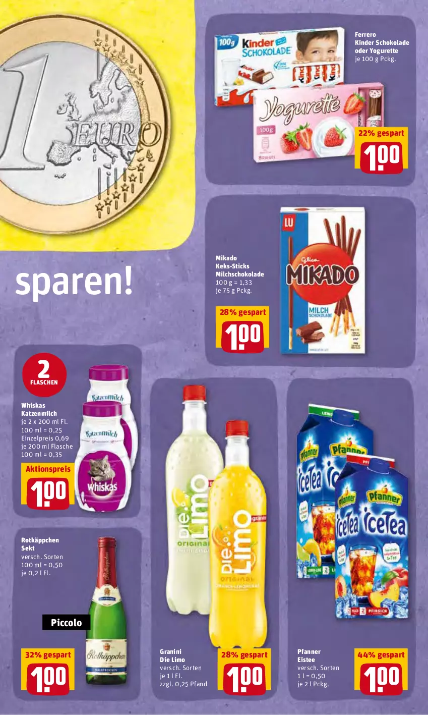 Aktueller Prospekt Rewe - Prospekte - von 14.03 bis 20.03.2022 - strona 13 - produkty: aktionspreis, eis, eistee, ferrero, flasche, granini, granini die limo, katzenmilch, keks, Kinder, kinder schokolade, limo, mikado, milch, oder yogurette, pfanne, Pfanner, reis, rotkäppchen, schoko, schokolade, sekt, tee, Ti, whiskas, Yo, yogurette