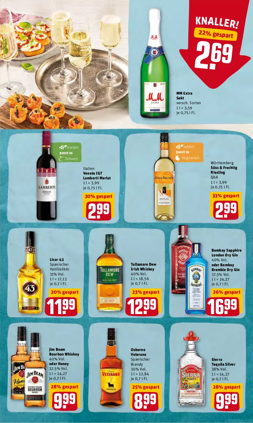 Aktueller Prospekt Rewe - Prospekte - von 14.03 bis 20.03.2022 - strona 21 - produkty: Amber, bombay sapphire, bourbon, bourbon whiskey, dry gin, frucht, gin, irish whiskey, jim beam, licor, licor 43, likör, london dry, london dry gin, merl, merlot, mm extra, osborne, riesling, sapphire, schwein, sekt, Sierra, sierra tequila, tequila, Ti, tullamore, tullamore dew, vanille, Vegeta, veterano, wein, whiskey