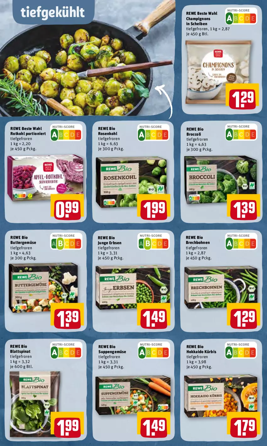 Aktueller Prospekt Rewe - Prospekte - von 14.03 bis 20.03.2022 - strona 24 - produkty: bio, blattspinat, bohne, bohnen, broccoli, butter, champignon, champignons, erbsen, junge erbsen, Kürbis, rewe beste wahl, rewe bio, rosen, Rosenkohl, rotkohl, spinat, suppe, suppen, Ti