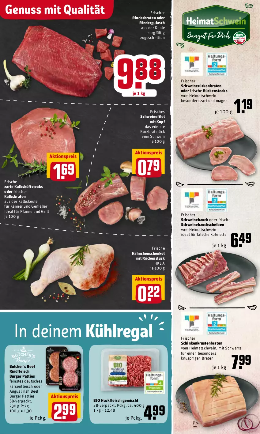 Aktueller Prospekt Rewe - Prospekte - von 14.03 bis 20.03.2022 - strona 5 - produkty: aktionspreis, Bau, bauchscheiben, beef, bio, braten, burger, eis, filet, fleisch, Frische Hähnchen, grill, gulasch, hackfleisch, hackfleisch gemischt, hähnchenschenkel, henkel, hüftsteak, hüftsteaks, kotelett, krustenbraten, kühlregal, nuss, oder rindergulasch, pfanne, regal, reis, rind, rinder, rinderbraten, rindergulasch, rindfleisch, Rückenbraten, Rückensteak, rückensteaks, schenkel, schinken, schnitten, schwein, schweine, Schweinebauch, schweinebauchscheiben, schweinefilet, schweinerücken, senf, steak, steaks, Ti, wein, weine