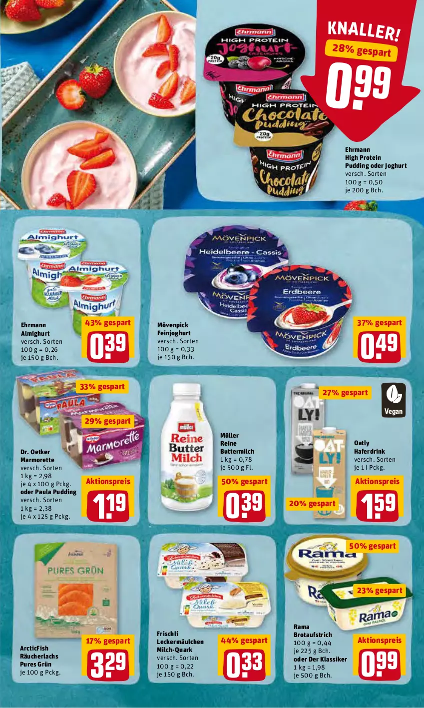 Aktueller Prospekt Rewe - Prospekte - von 14.03 bis 20.03.2022 - strona 9 - produkty: aktionspreis, almighur, almighurt, aufstrich, brot, brotaufstrich, butter, buttermilch, Dr. Oetker, drink, ehrmann, ehrmann almighurt, eis, feinjoghurt, frischli, hafer, Haferdrink, joghur, joghurt, lachs, leckermäulchen, marmorette, milch, mövenpick, Müller, Paula, paula pudding, pudding, quark, rama, Räucherlachs, reine buttermilch, reis, Ti