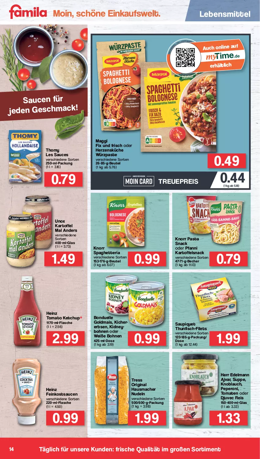 Aktueller Prospekt Famila - Prospekte - von 13.06 bis 18.06.2022 - strona 14 - produkty: Ajvar, Becher, beutel, bohne, bohnen, bonduelle, bonduelle goldmais, Djuvec, eis, elle, erbsen, feinkost, filet, filets, fisch, flasche, gin, Goldmais, Hausmacher, heinz, kartoffel, ketchup, kichererbsen, kidney, knoblauch, knorr, knorr pasta, küche, lebensmittel, mac, maggi, maggi fix, mais, nudel, nudeln, pasta, pasta snack, peperoni, Peroni, pfanni, reis, Ria, sauce, saucen, saupiquet, snack, suppe, thomy, thomy les sauces, thunfisch, Ti, tomate, tomaten, tomato ketchup, Weiße Bohnen